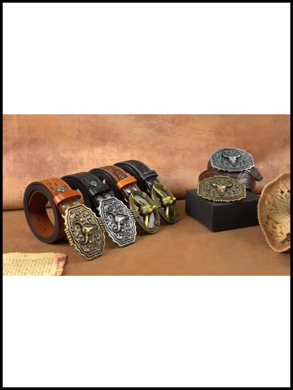 Leather Cowboy Belt for Men Women with Bull Buckle Western Rodeo Style